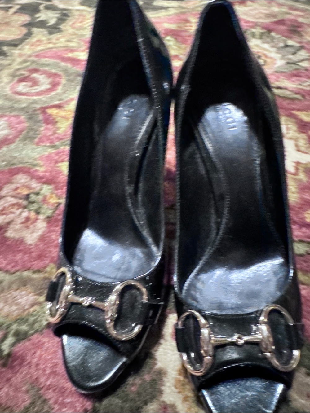 Gucci Open-Toe Dress Pumps with Gold Accent